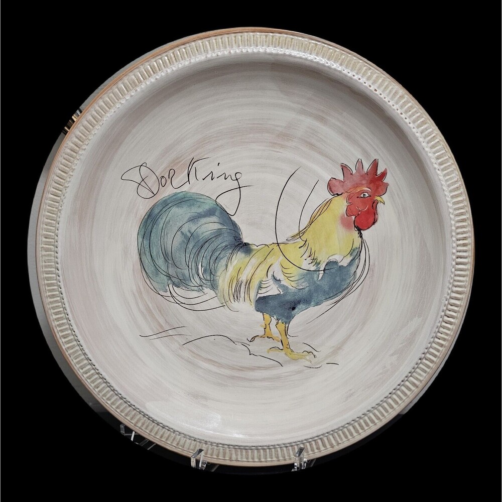 Pottery Barn ROOSTER 16.75" Round Platter Chop Plate, Made in Italy, Tuscan Rust